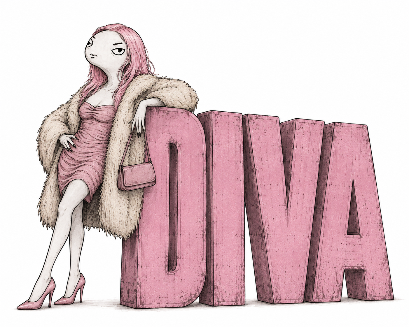 $DIVA mascot: an aloof pink-haired diva in a fur coat and pink dress with a handbag, leaning against giant pink DIVA letters